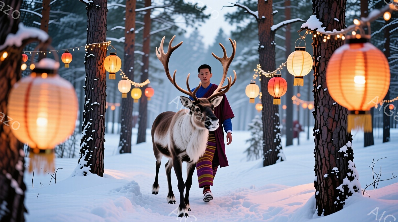 雪に覆われた森林の中で、角を持つトナカイと着物を着た男性が写っている。男性は濃い緑色の着物と赤い帯を締め、黒髪を短く整え、やや真剣な表情で前を見据えている。背景には雪で覆われた木々が立ち並び、オレンジ - AI生成フリー素材