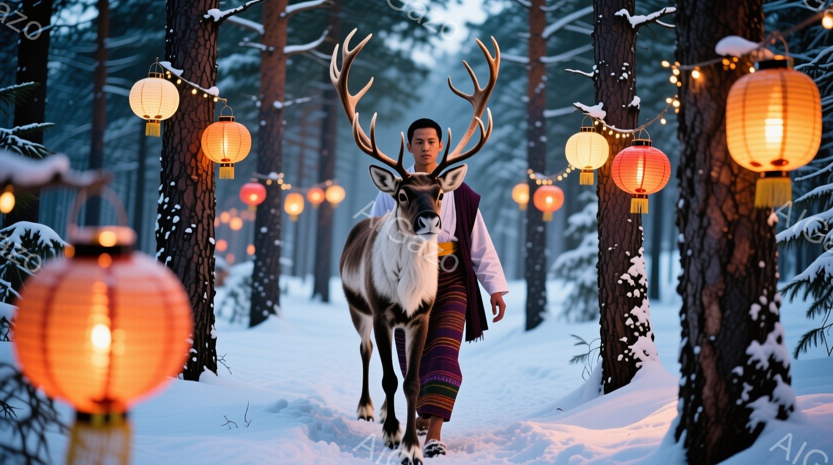 雪に覆われた針葉樹林の中を、角を持つ男が歩いている。白いシャツに、民族的な模様のスカートを着用し、表情は真剣でどこか寂しげだ。背景にはオレンジ色の提灯が吊り下げられ、幻想的な雰囲気を醸し出している。