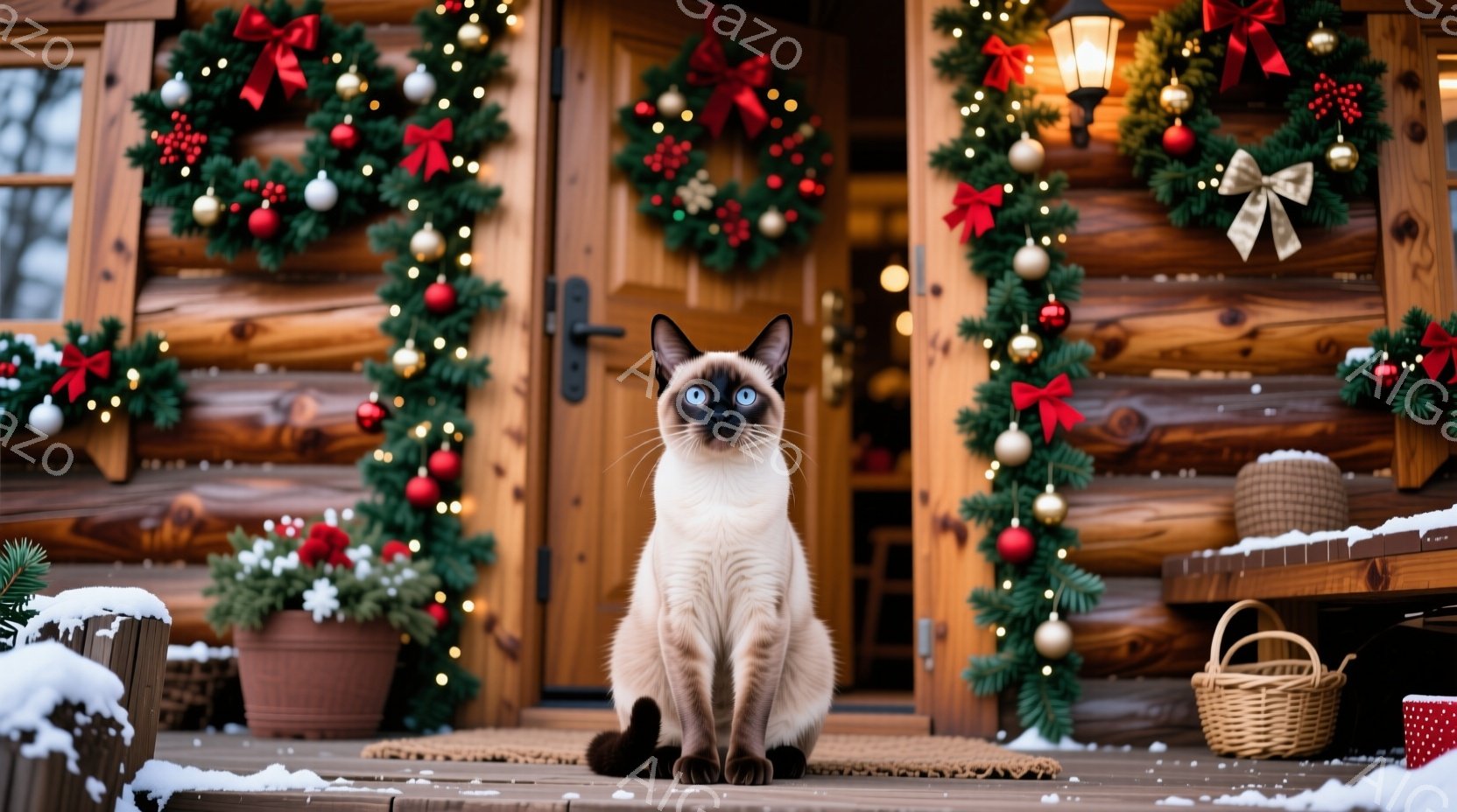 シナモン色の美しいシャム猫が、雪が積もった木の家のポーチで座っています。背景にはクリスマスリースやイルミネーションが飾られ、冬の暖かい雰囲気が漂っています。猫は正面を見据え、凛々しくも可愛らしい表情をしています。