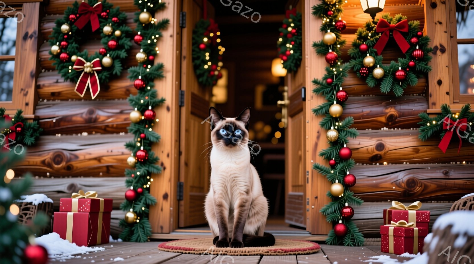 クリーム色の毛並みをしたシャム猫が、藁の敷物の上に座って正面を見つめている。背景には、赤いオーナメントと金色の飾りで飾られたクリスマスリースが2つ、木の板張りの壁に掛けられており、足元には赤いリボンで - AI生成フリー素材