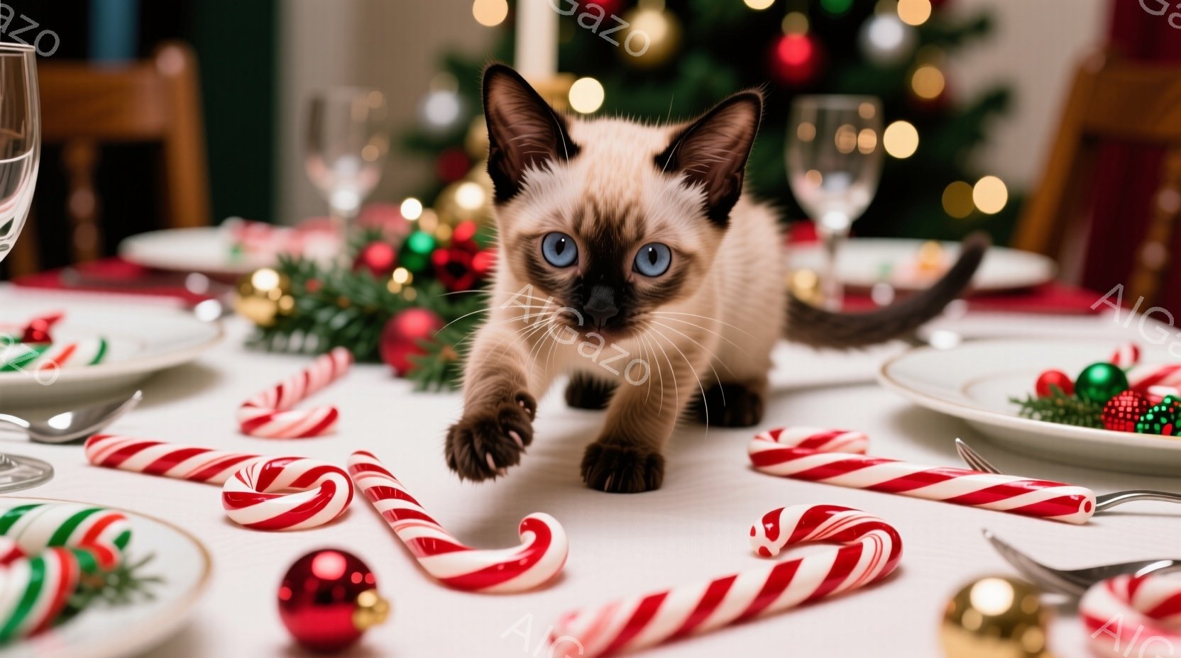 白いテーブルクロスの上に、茶色の短い毛並みと青い瞳を持つ子猫が、キャンディケーンとクリスマスの飾りの中にいて、こちらを見ています。背景にはぼやけたクリスマスツリーや装飾があり、暖かく、お祝いの雰囲気を - AI生成フリー素材