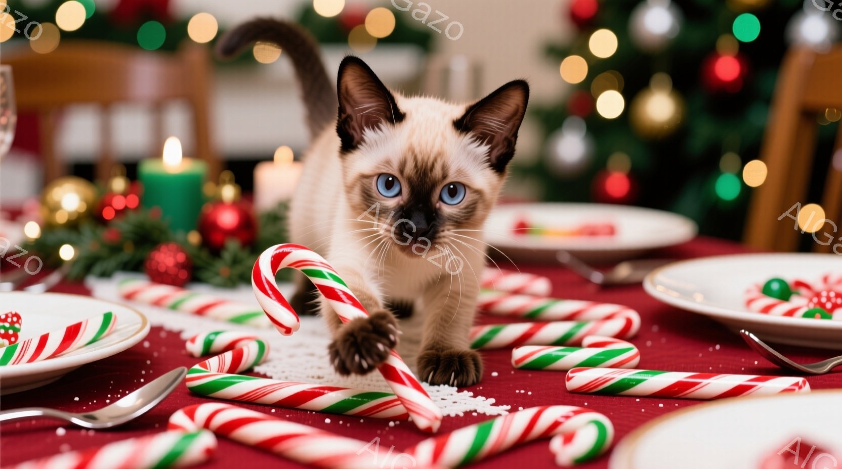 白と茶色の小さな子猫が、赤いテーブルクロスの上に散らばったキャンディケーンの間を歩いています。背景にはぼやけたクリスマスツリーと、暖かく光るぼんやりとした光が見えます。全体的に、クリスマスらしいお祝い - AI生成フリー素材