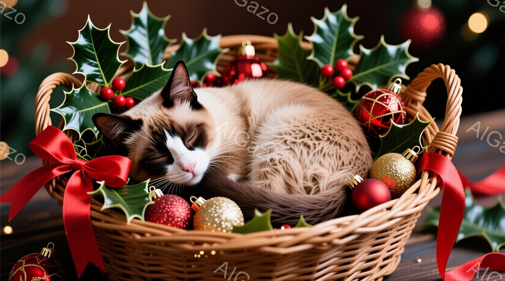 この猫が描かれており、その表情は無邪気であり、眼を閉じたように見えます。猫は赤と白のカラーパターンを持ち、毛が長く美しいものであることがわかります。背景にはクリスマス装飾があり、その中にバッスルやベリーなどが含まれており、全体として楽しいクリスマス雰囲気を感じさせる画像です。