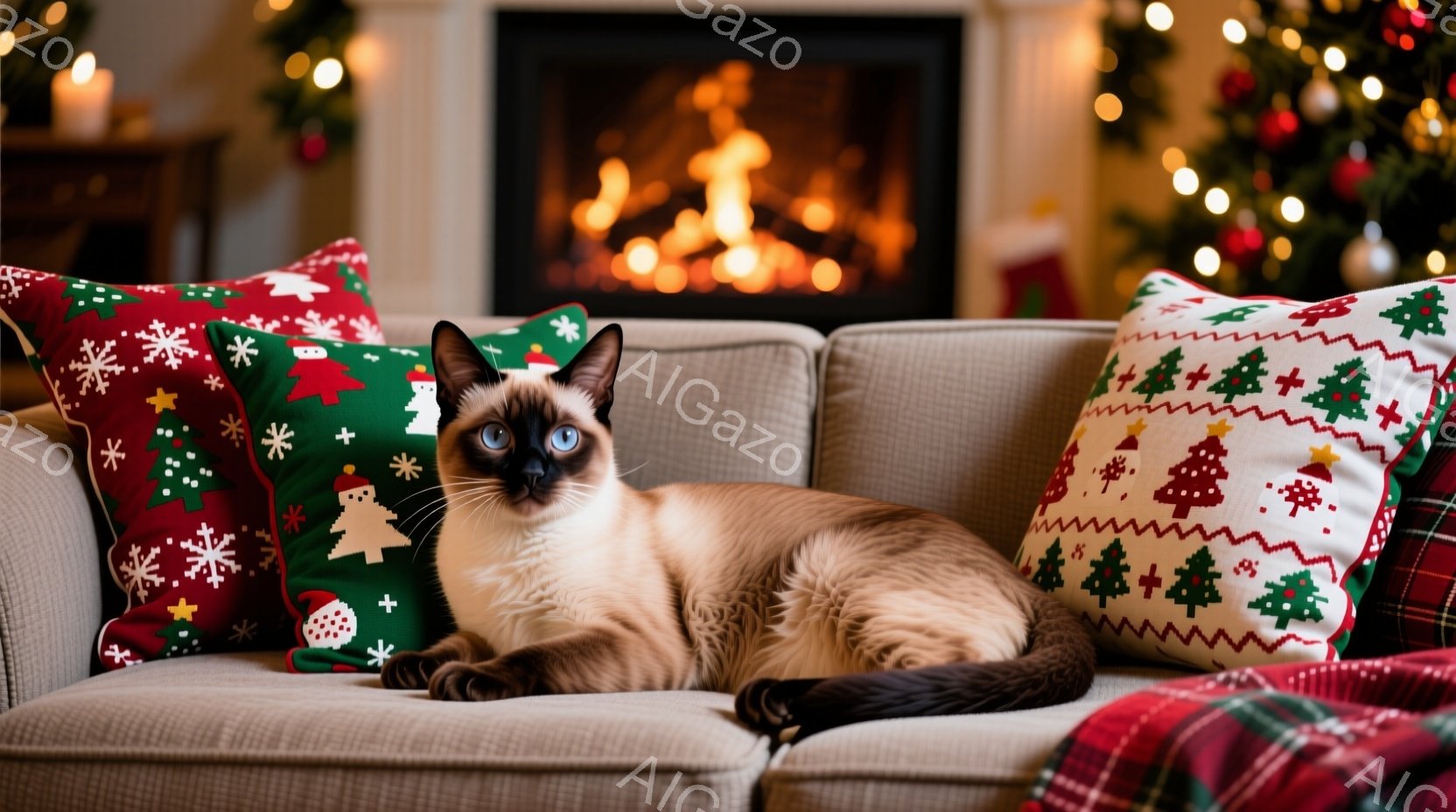 シベリアンハスキーのような毛並みの猫が、クリスマスの装飾が施された部屋のソファにゆったりと横たわっています。背景には、暖炉の火と、赤いオーナメントで飾られたクリスマスツリーが見え、温かく居心地の良い雰 - AI生成フリー素材