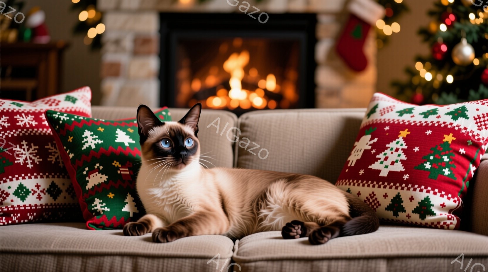 シーマ模様の美しい猫が、クリスマス柄のクッションに囲まれたソファで横たわっています。猫はリラックスした表情で、正面を見つめており、背景には暖炉の火と、クリスマスツリーの飾りが見えます。全体的に暖かく、居心地の良い、ホリデーシーズンらしい雰囲気が漂っています。