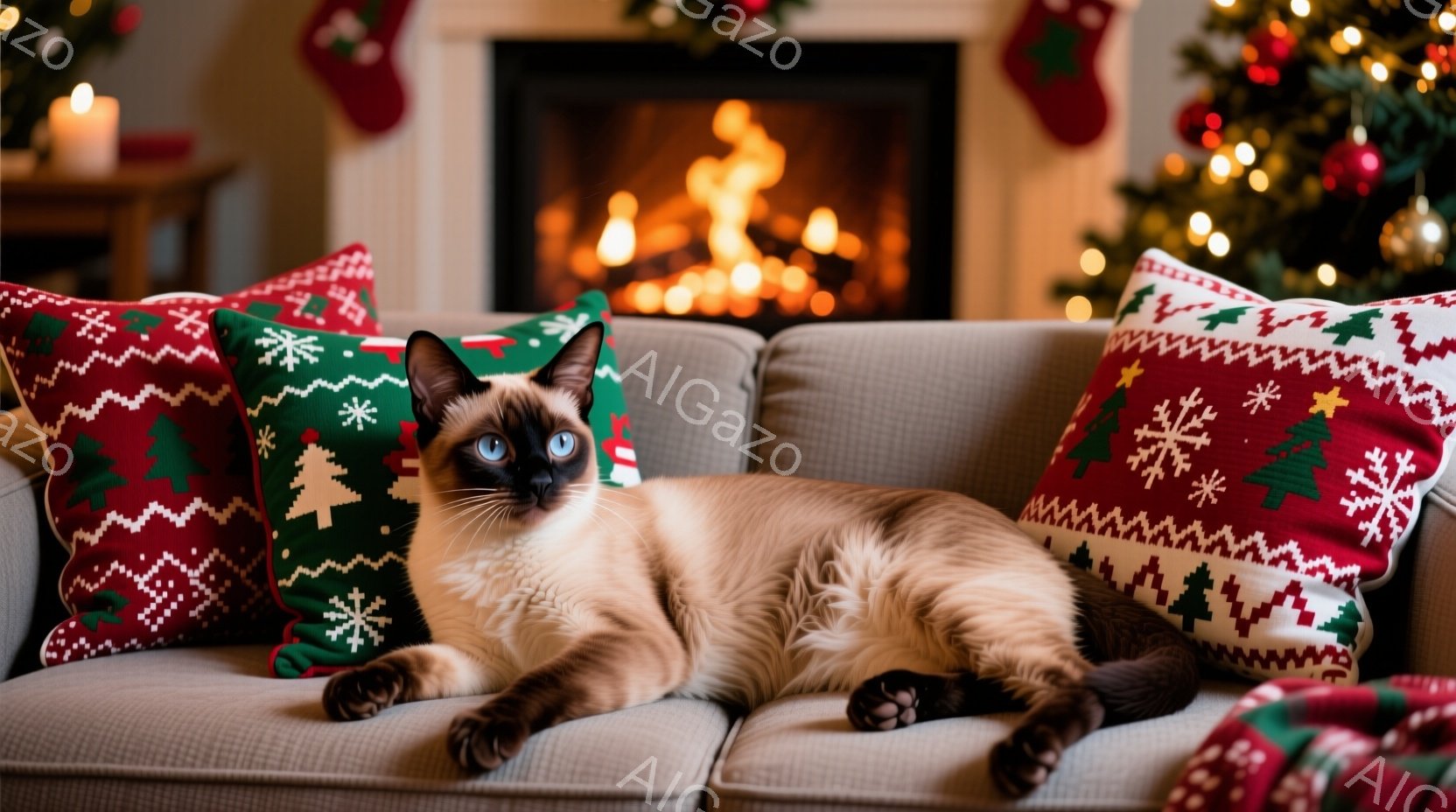 シベリアンハスキーのような毛並みのシャム猫が、クリスマスをテーマにしたクッションに囲まれた灰色のソファーでくつろいでいる。猫は前足を伸ばし、リラックスした表情でカメラを見つめている。背景には暖炉の炎と - AI生成フリー素材
