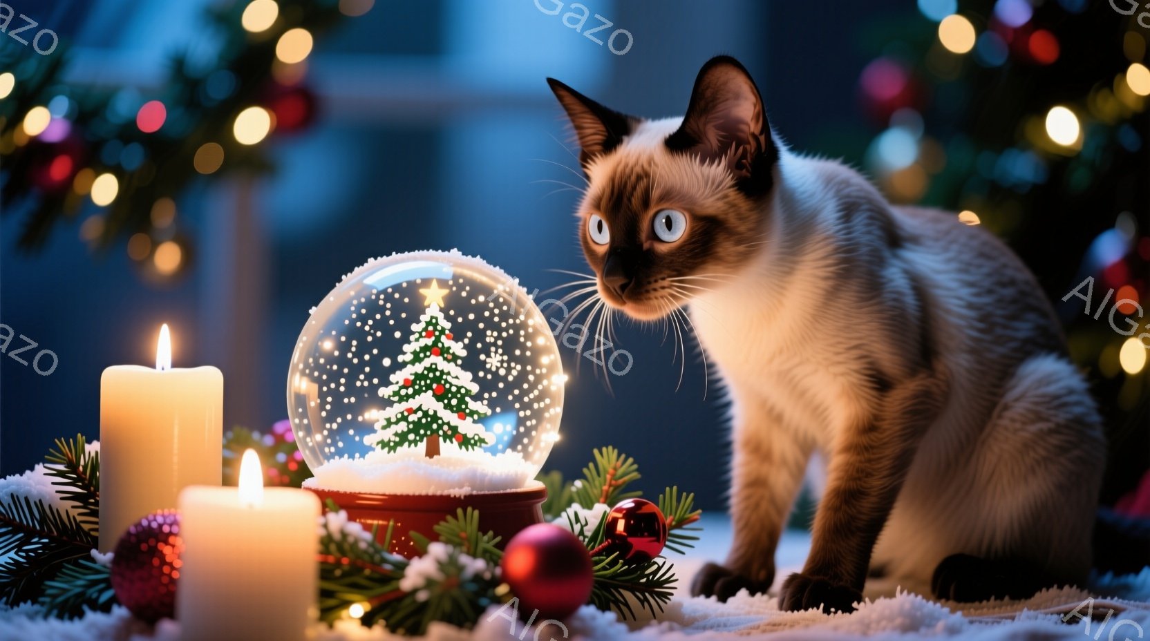 シャム猫が雪景色が入ったグラスボールの横に座り、興味津々にそれを見つめている。背景には緑の葉や赤いオーナメント、点灯したキャンドルが置かれ、全体的に暖かく幻想的なクリスマスの雰囲気が漂っている。猫の姿 - AI生成フリー素材