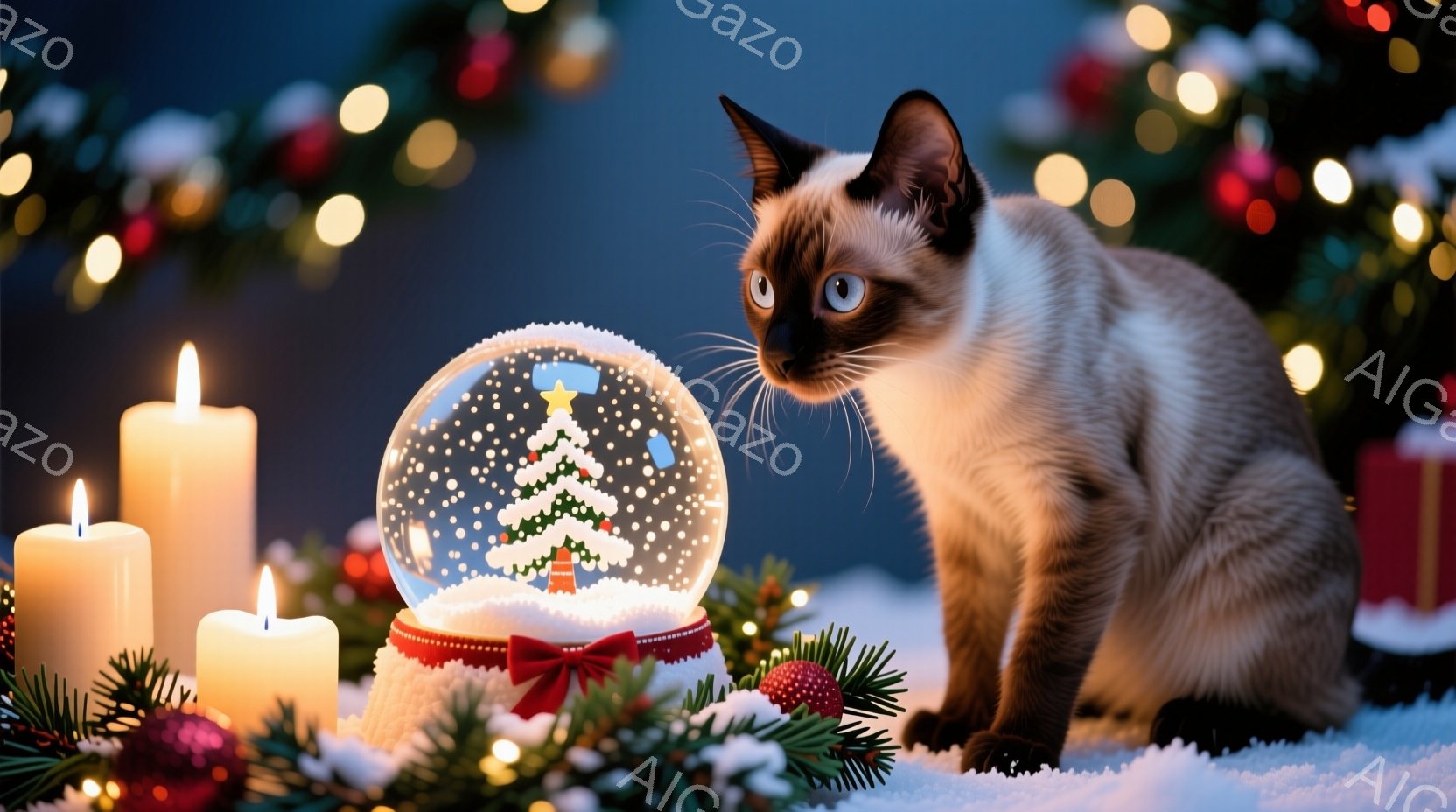 シベリアンハスキーのような毛並みの猫が、雪が降るクリスマスの背景の前で座っています。猫はクリスマスのオーナメントである雪の結晶とミニチュアのクリスマスツリーが入ったガラス製のスノーグローブを見つめてお - AI生成フリー素材