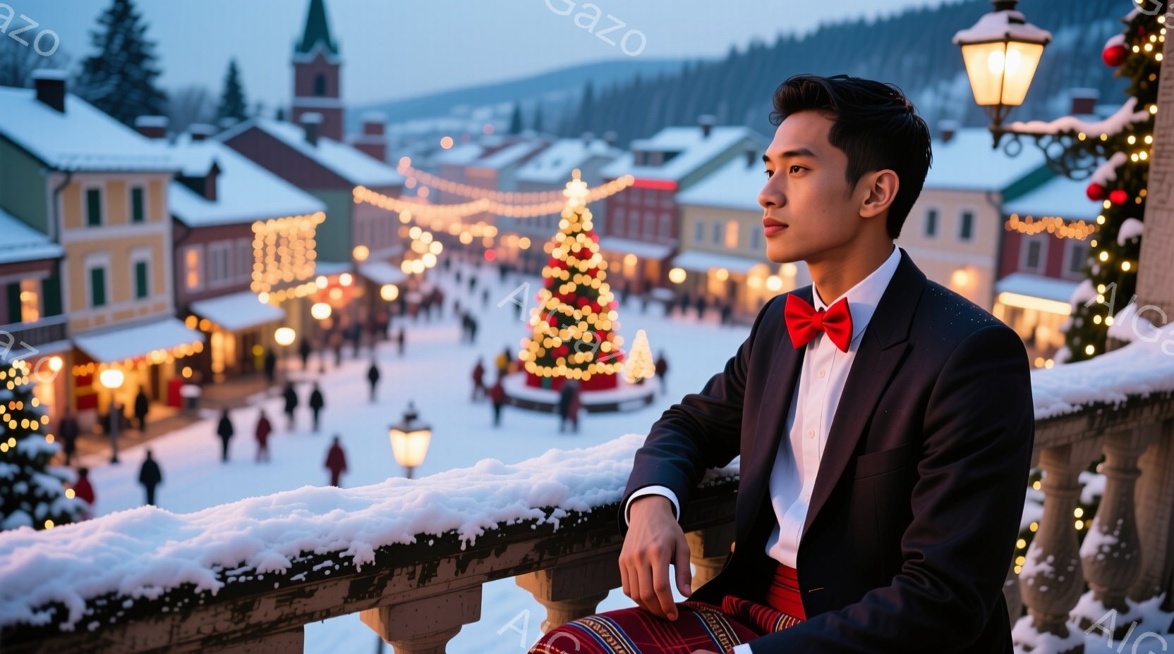 鮮やかな装いの男性が、雪に覆われた街並みを眺めている。彼は黒いジャケットに赤い蝶ネクタイ、チェック柄のパンツを着用し、整った髪型と物憂げな表情が印象的だ。背景にはクリスマスのイルミネーションで飾られた - AI生成フリー素材