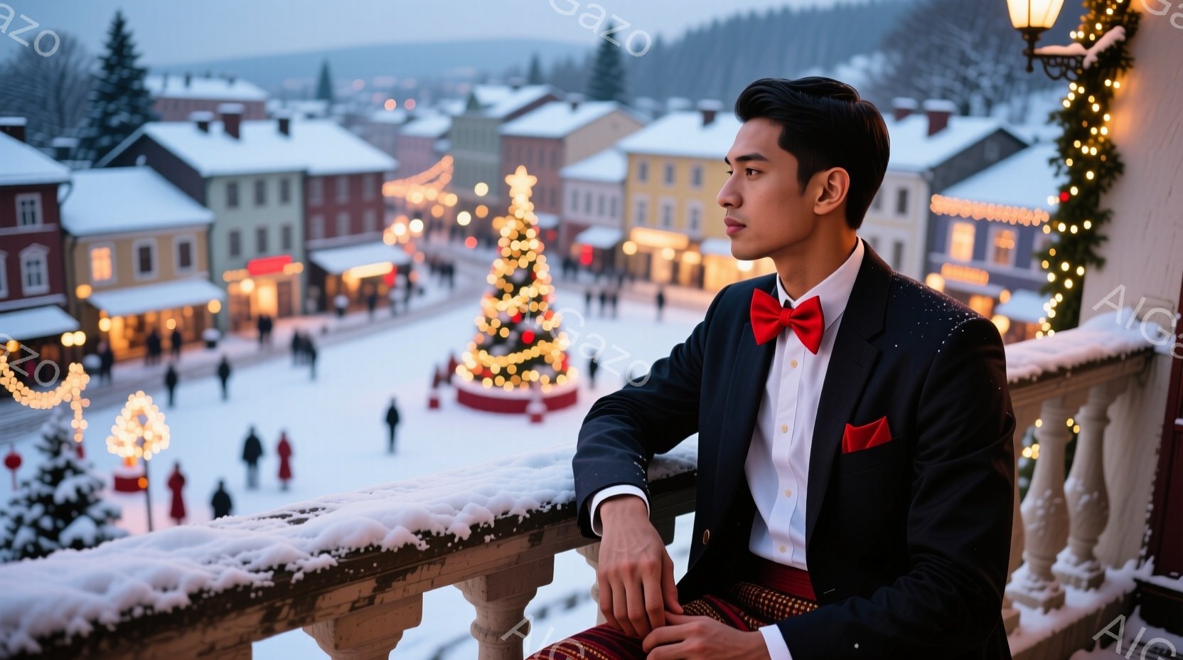 若い男性が、クリスマスの飾り付けがされた雪景色を背景にバルコニーに立っている。彼は黒のジャケット、白いシャツ、赤い蝶ネクタイというフォーマルな服装で、腕をバルコニーの手すりに乗せ、遠くを見つめている。 - AI生成フリー素材
