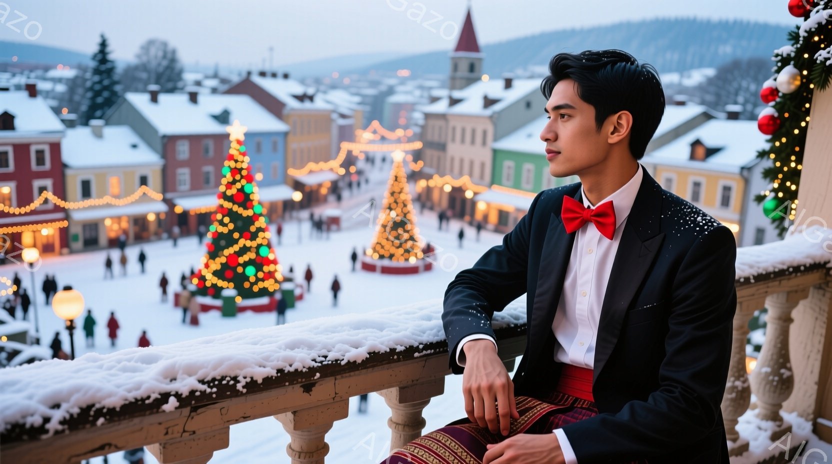人物は赤と白のコートを着用し、ベルボックスから髭が伺える青年。彼は広大な壁で構成される古風な村に座っている。雪の白い地面が町中を覆い、街路の両側にクリスマスツリーが点在している。雰囲気は寒さと快楽が感じられる、雪の白い都市の夜の景色です。