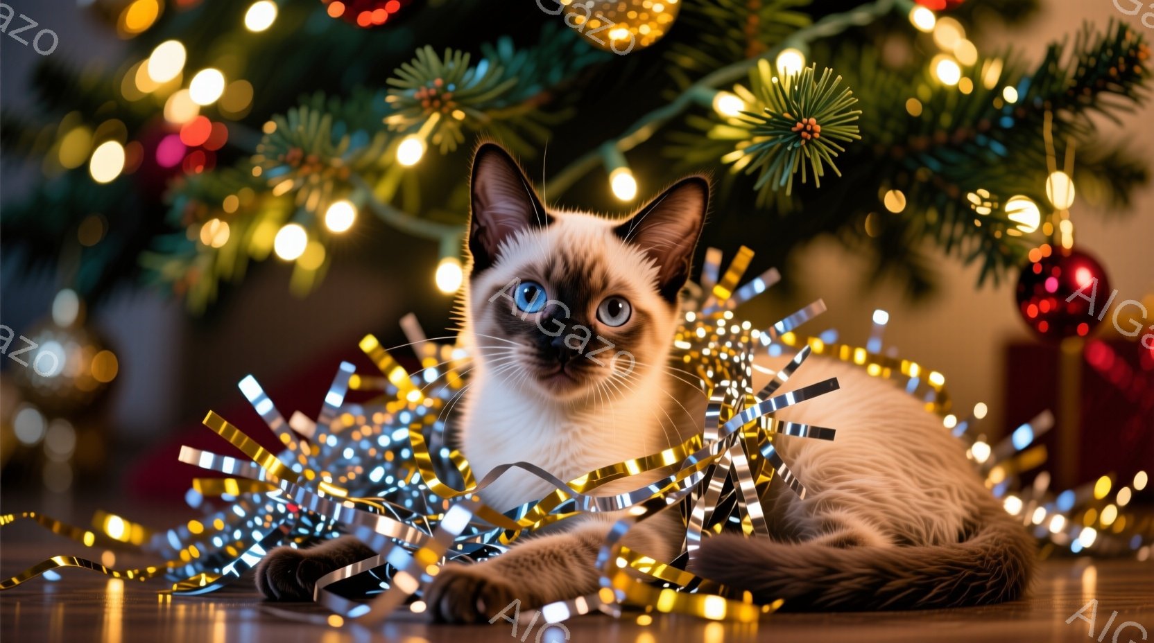 白と茶色のシャム猫が、キラキラとした銀と金の飾り付けの中に丸まって座っています。猫は青い目を持ち、少し好奇心とリラックスした表情でカメラを見ています。背景には、ぼやけたクリスマスツリーの光と装飾が写り - AI生成フリー素材