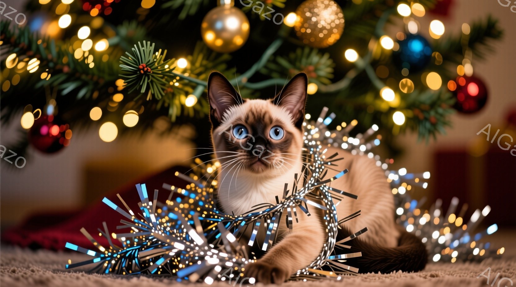 白と茶色のシャム猫がカーペットの上に横たわり、キラキラした銀色の飾りにつつかれている。背景にはクリスマスツリーがぼやけており、暖色系の光が猫の周りを照らしている。全体的に暖かく、お祝いの雰囲気で、猫はいたずらっぽい表情でカメラを見つめている。