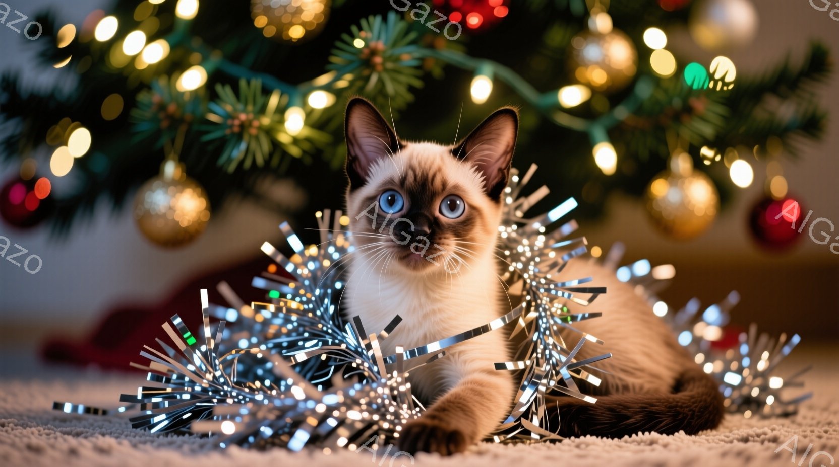 シーマル猫がカーペットの上に横たわり、銀色のキラキラした飾りにつつまれています。猫は青い目を大きく見開き、少しいたずらっぽい表情でカメラを見つめています。背景には、ぼやけたクリスマスツリーと赤いオーナメントが見え、温かくお祝いムードに包まれています。