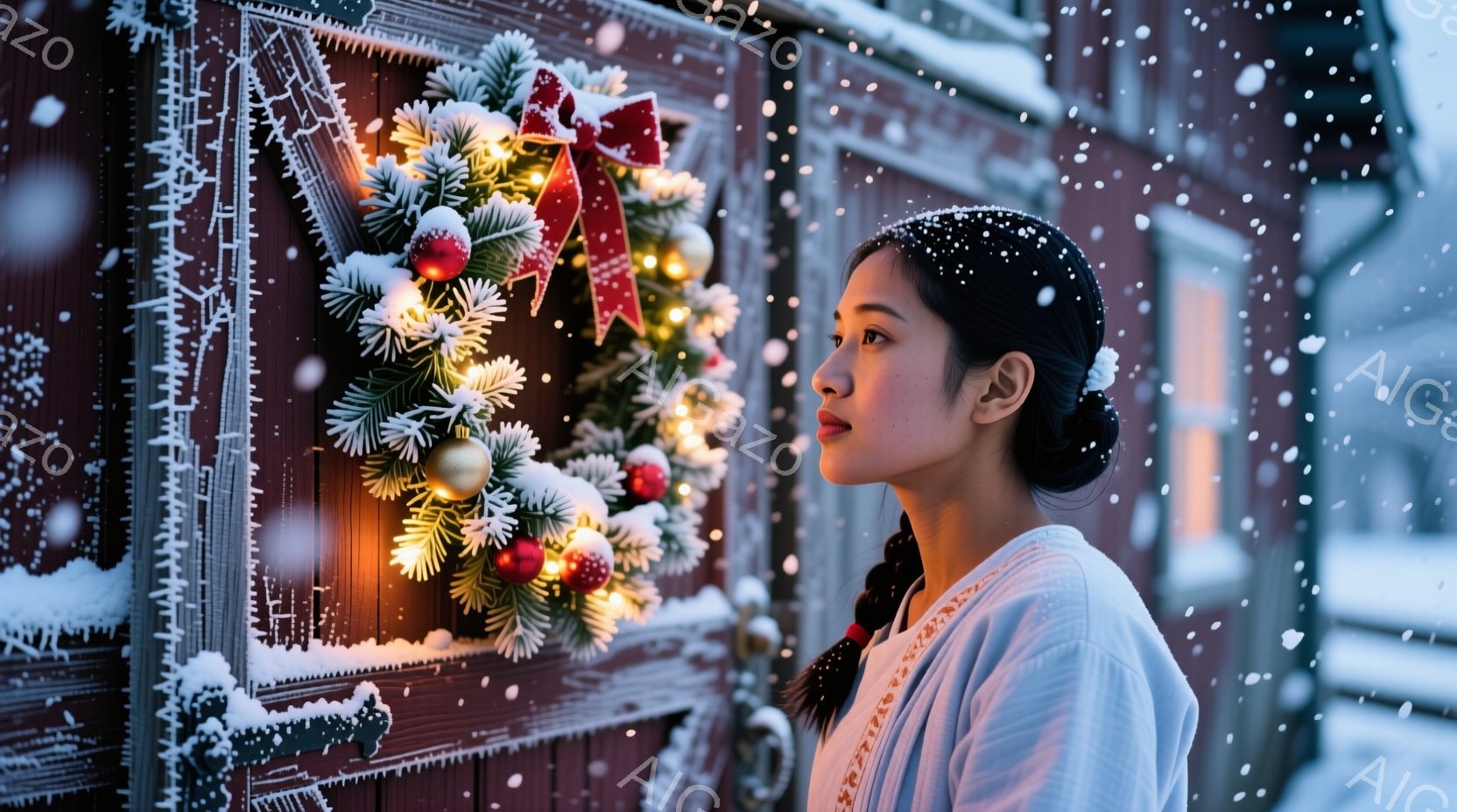 浅黒い髪を三つ編みにした女性が、雪が積もった赤い木製の壁に飾られたクリスマスリースを見つめている。彼女は白いセーターを着ており、物憂げな表情で遠くを見つめている。背景には雪が舞い降り、温かく静かな冬の - AI生成フリー素材