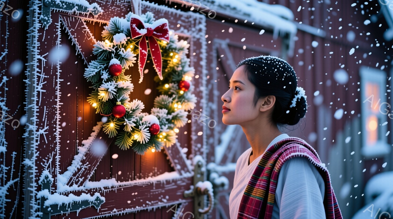 暖かい赤いレンガ色の背景に雪が降り積もり、クリスマスリースが飾られています。若い女性は、肩にチェック柄のショールをかけ、後ろを振り返らず遠くを見つめ、穏やかな表情をしています。雪景色と光るリースが、静かで温かい冬の雰囲気を醸し出しています。