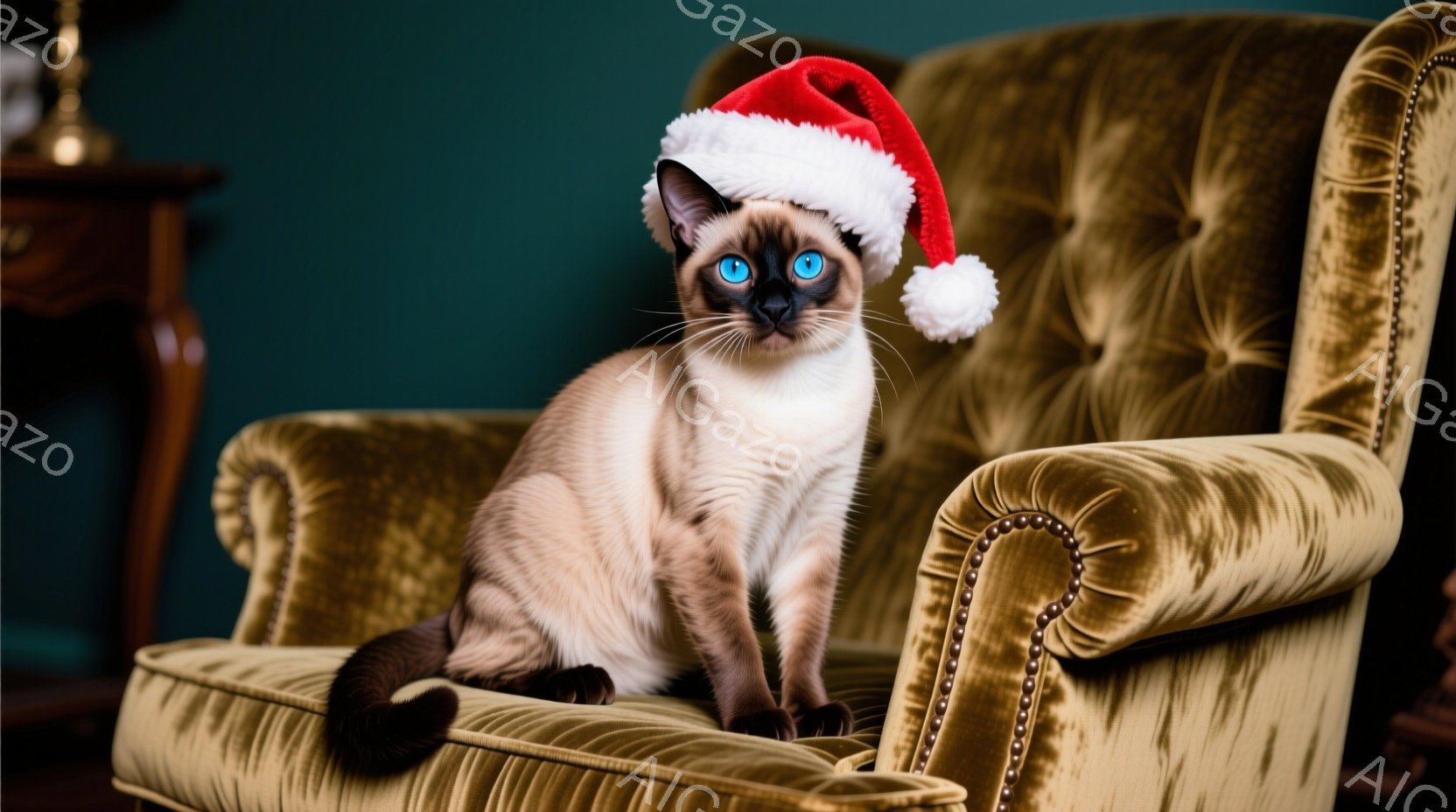シーマル猫が、鮮やかな黄色のベルベット調の肘掛け椅子に座っています。猫は赤いサンタ帽子を被り、正面を見て少し困ったような表情をしています。背景は深い緑色で、左側には木製の家具が見え、クリスマスシーズンを思わせる暖かい雰囲気です。