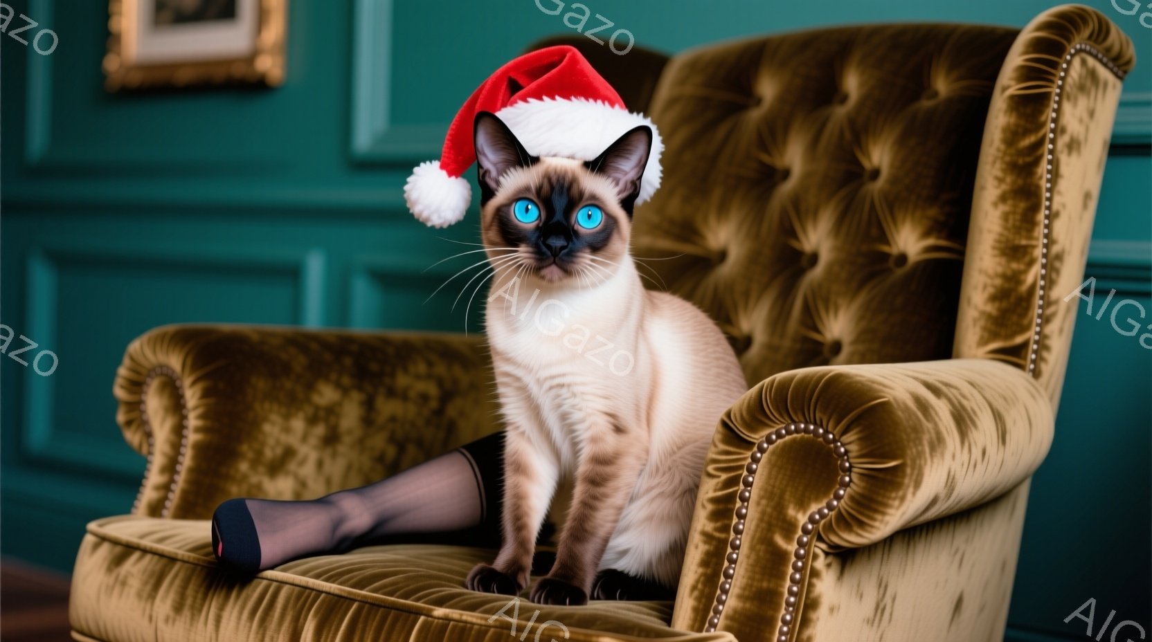 シーロの猫が、豪華なベルベットの黄色の椅子に座っており、頭には赤いサンタ帽を被っています。猫は正面を見つめ、少し気品のある表情を浮かべており、片方の足には黒いストッキングが履かせられています。背景は濃い緑色の壁で、クラシックな雰囲気の絵画が飾られており、全体的にエレガントで遊び心のある雰囲気を醸し出しています。