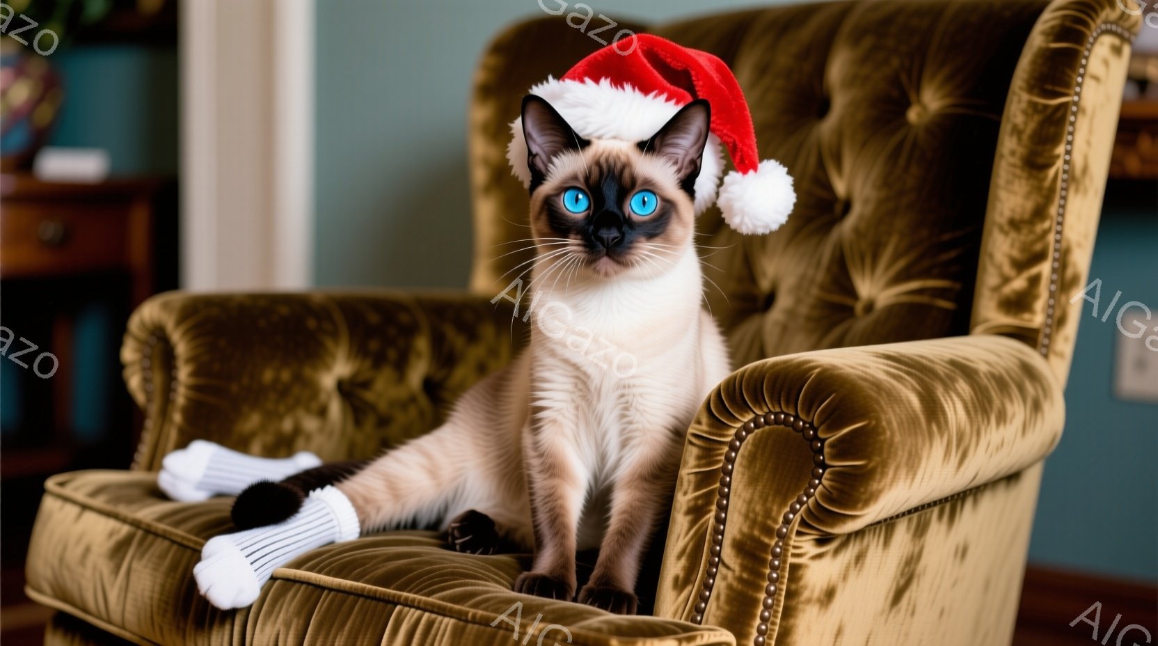 シーマル猫が、深い緑色の鋲留め装飾の肘掛け椅子に悠々と座っており、頭には赤いサンタ帽を被っています。猫は前足を伸ばし、リラックスしたポーズで横たわり、鋭い青い目で見つめています。背景には木製の家具が見え、落ち着いた室内空間が猫の存在を引き立てています。