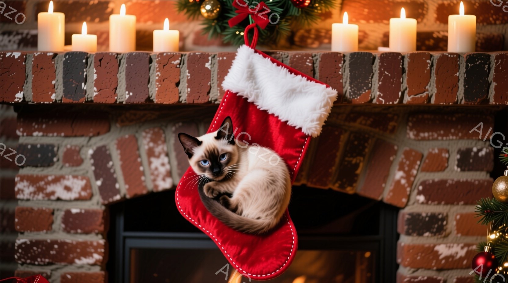 シーロの猫が赤いクリスマスストッキングの中に可愛らしく座っています。暖炉のレンガ造りの壁にストッキングが掛けられ、周りにはクリスマスツリーと点灯したキャンドルが配置されています。温かく、お祝いムード満 - AI生成フリー素材