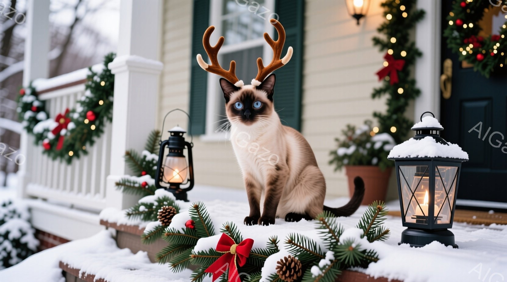 雪で覆われた家の玄関に、角のある帽子をかぶったシャム猫が座っています。猫は前方をまっすぐ見つめ、凛とした表情をしています。背景にはクリスマス装飾が施された玄関ドアと、雪の積もった庭があり、冬の穏やかな雰囲気を醸し出しています。