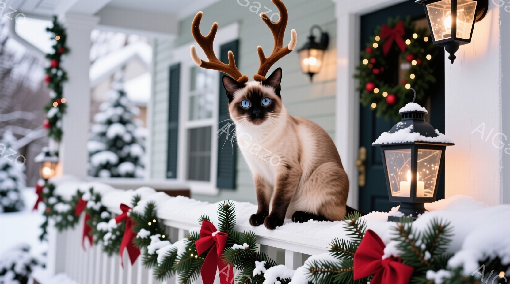 白い雪が降り積もる家のベランダに、シャム猫が角のついたヘッドバンドをつけて座っています。猫は正面を見ており、落ち着いた表情をしています。背景にはクリスマスリースやイルミネーションが飾られた家があり、冬の温かい祝祭の雰囲気を醸し出しています。