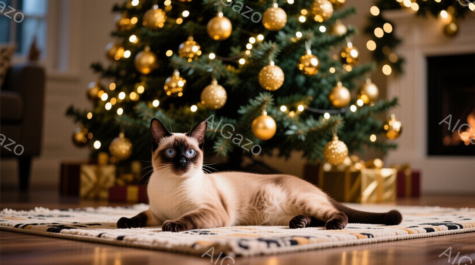 シーマーズ猫が、暖炉とクリスマスツリーのある部屋の敷物の上に横たわっています。猫は明るい青い目をしていて、リラックスした様子で正面を見ています。背景には、金色のオーナメントで飾られたクリスマスツリーと - AI生成フリー素材