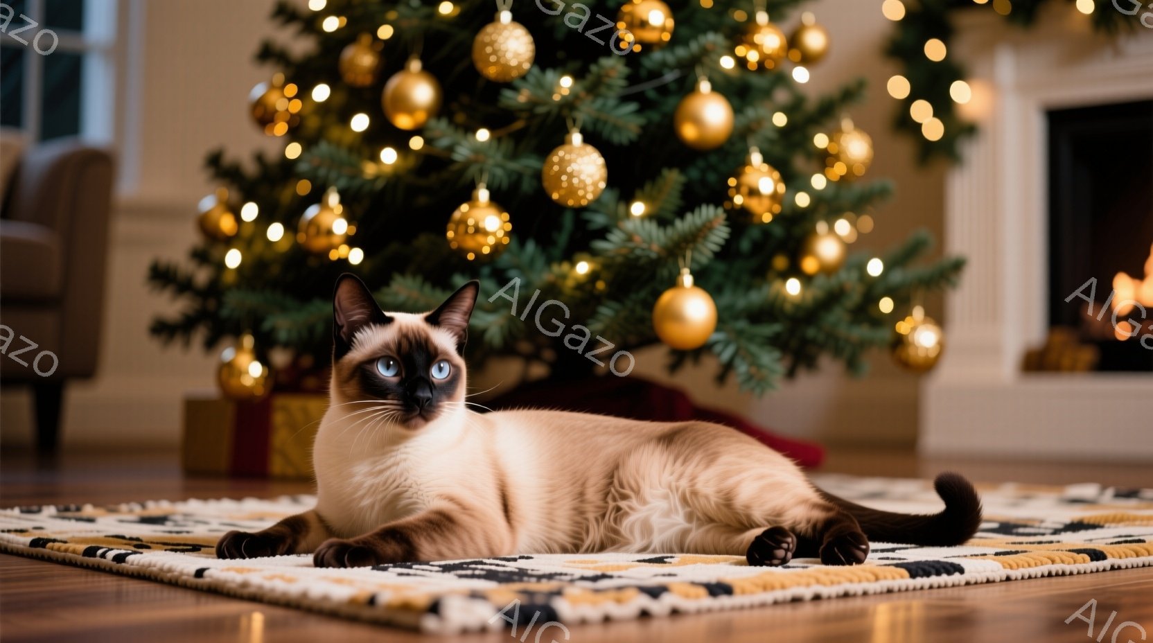 シーマ猫が、敷かれたラグの上に横たわってリラックスしています。背景には、金色のオーナメントで飾られたクリスマスツリーがあり、暖かくお祝いの雰囲気を醸し出しています。暖炉の光がぼんやりと見え、冬の休日の - AI生成フリー素材
