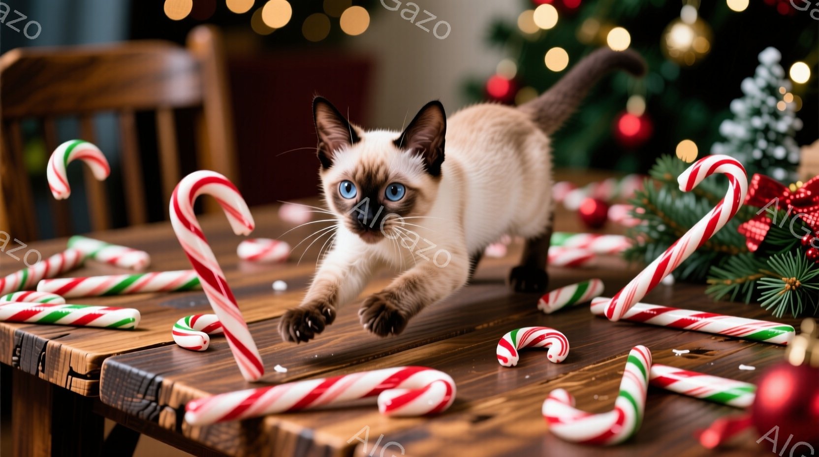 シナモン色の毛並みを持つ子猫が、赤い模様のキャンディが散らばる木のテーブルの上を走り回っている。背景には、ぼやけたクリスマスツリーと装飾が見え、暖かくお祝いムードに包まれている。子猫は前足を伸ばし、遊 - AI生成フリー素材