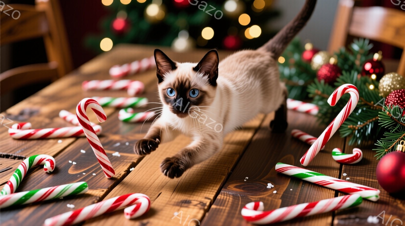 濃い木目のテーブルの上を、美しいシャム猫が活発に走り回っている。テーブルには折れたキャンディケーンが散らばり、背景には緑のクリスマスツリーとぼやけた光の装飾が見える。暖かく、遊び心のあるクリスマスの雰囲気が漂っている。