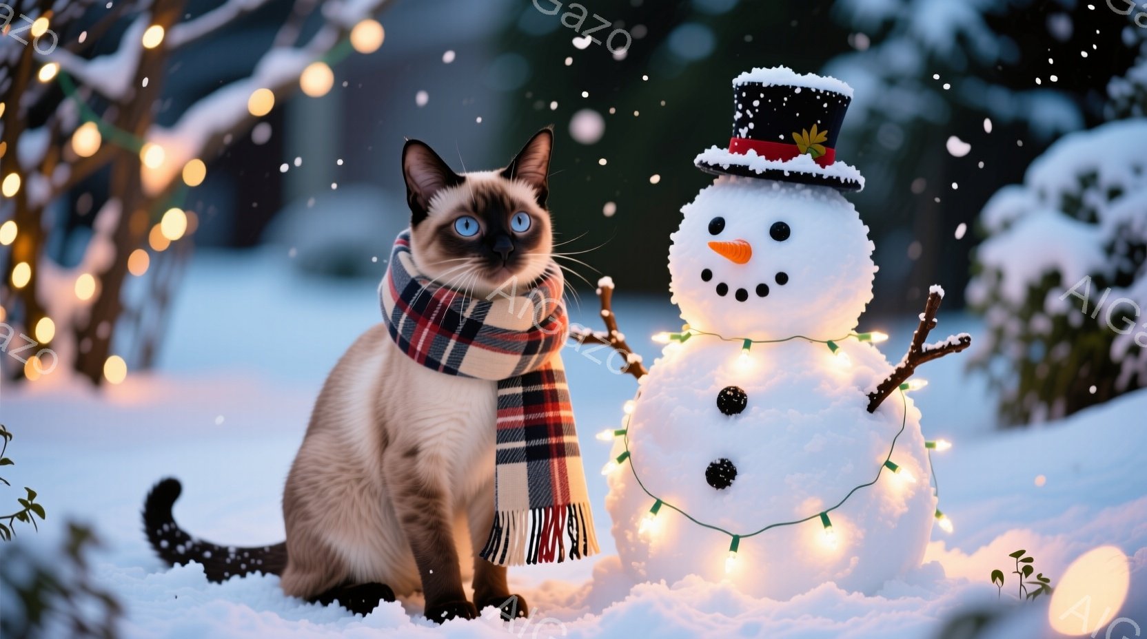 シベリアンハスキーのような毛並みの猫が雪の上に座り、赤と白のチェック柄のスカーフを巻いています。雪だるまが猫の隣に立っており、小さな帽子をかぶり、ライトで飾られています。背景にはぼんやりとした緑の植物と、暖かく輝くイルミネーションがあり、穏やかで冬らしい雰囲気を醸し出しています。