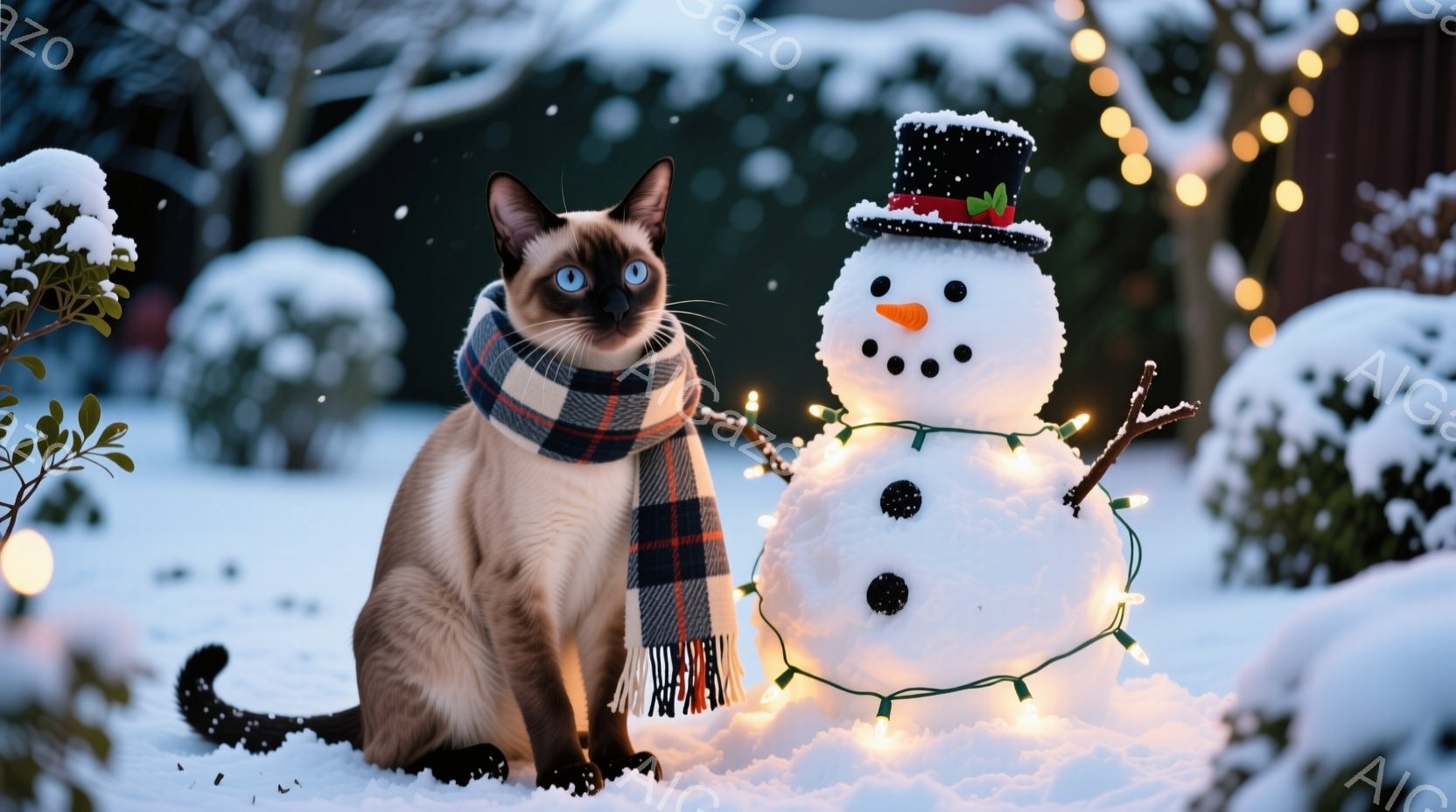 白い雪景色の中に、クリーム色のシャム猫が赤いチェック柄のマフラーを巻いて座っています。猫は正面を見据え、澄んだ青い瞳が印象的です。背景には雪で覆われた植物と、電飾で飾られた雪だるまがあり、冬の暖かく穏 - AI生成フリー素材