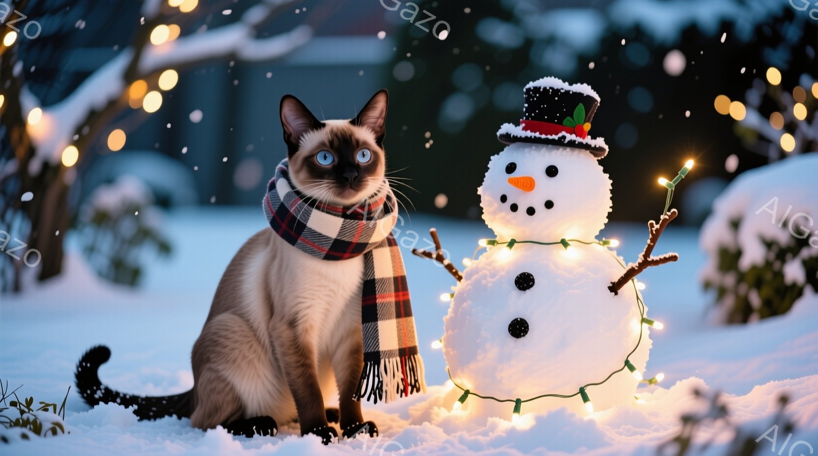 シーマル猫がチェック柄のマフラーを巻いて雪の中に座っており、表情は穏やかでカメラ目線です。猫の隣には、小さな雪だるまが立てられており、頭にはシルクハット、顔にはオレンジ色の鼻と黒い目、そして口が描かれています。背景は雪景色で、ぼんやりと家や木々が見え、小さな電飾が輝き、冬の暖かく幻想的な雰囲気を醸し出しています。