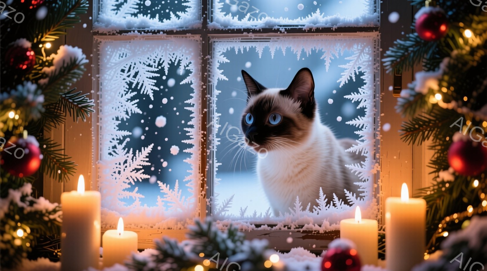 白い猫が雪模様の窓から外を覗いています。猫はシロクマのような色合いで、青い目が印象的です。窓の外には雪が降り積もり、クリスマスの飾りやロウソクが暖かく灯り、冬の穏やかな雰囲気が漂っています。