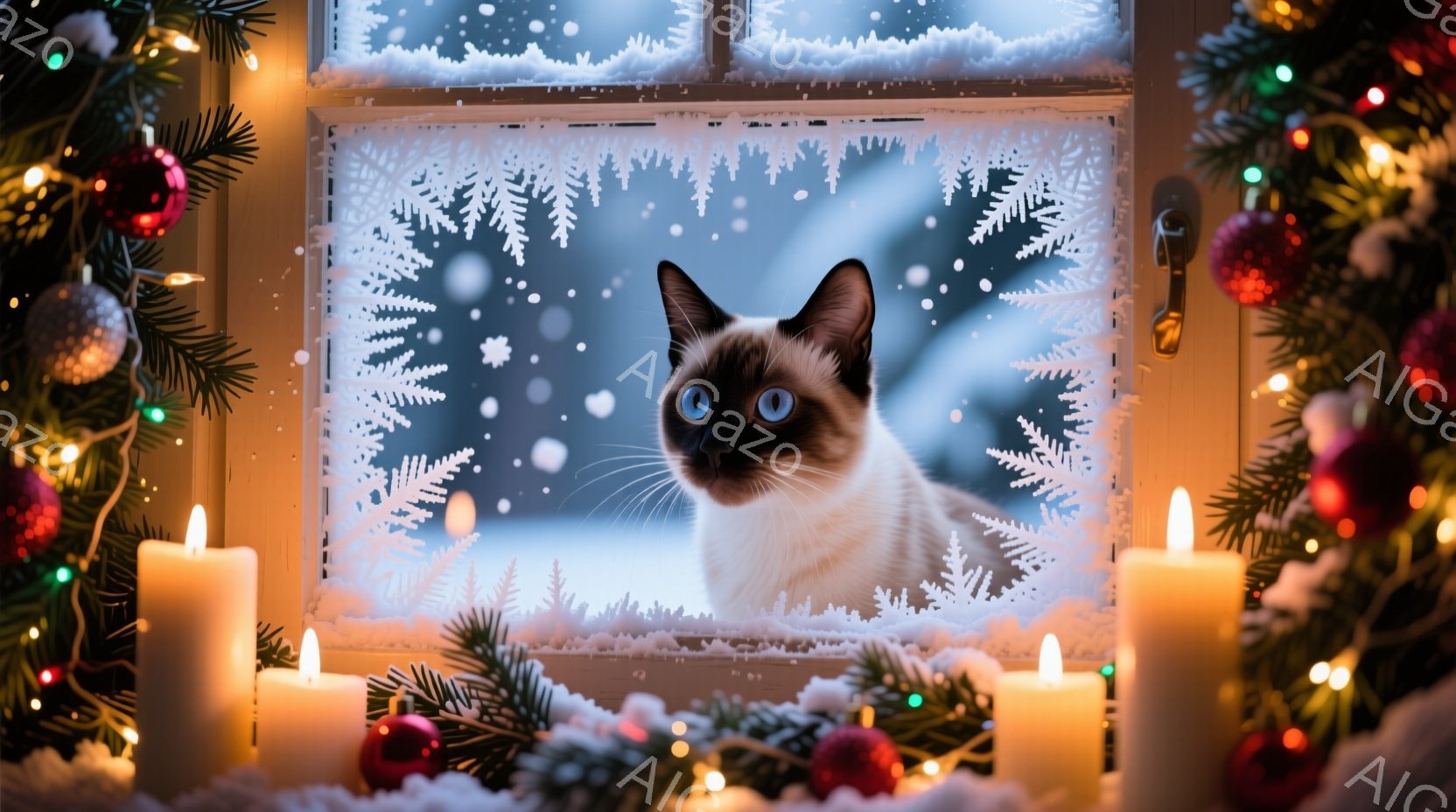 白い背景に雪の模様が描かれた窓辺に、美しいシャム猫が座っています。猫は澄んだ青い目をしており、わずかに前を見つめています。窓の外は雪景色で、周囲にはクリスマスツリーやキャンドルが配置され、暖かく幻想的 - AI生成フリー素材