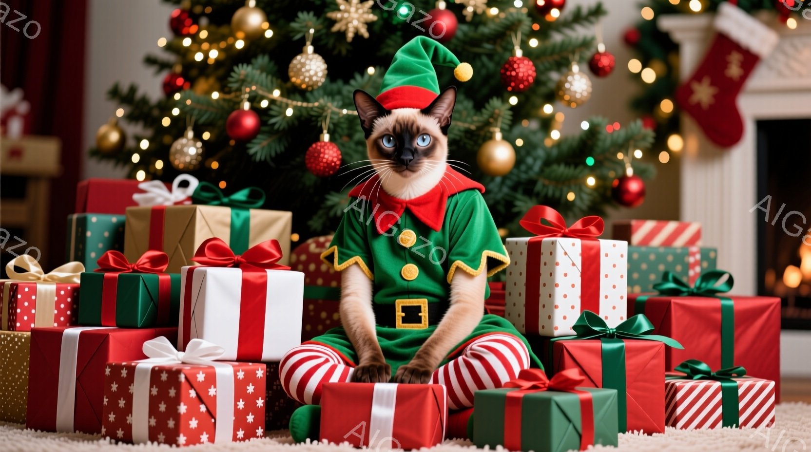 シャム猫がクリスマスエルフの衣装を着て、プレゼントの山に座っています。緑色の衣装は赤い襟と縁取りがあり、白いストライプのズボンと帽子が特徴的です。背景にはクリスマスツリーが飾られ、暖炉と赤いクリスマス - AI生成フリー素材