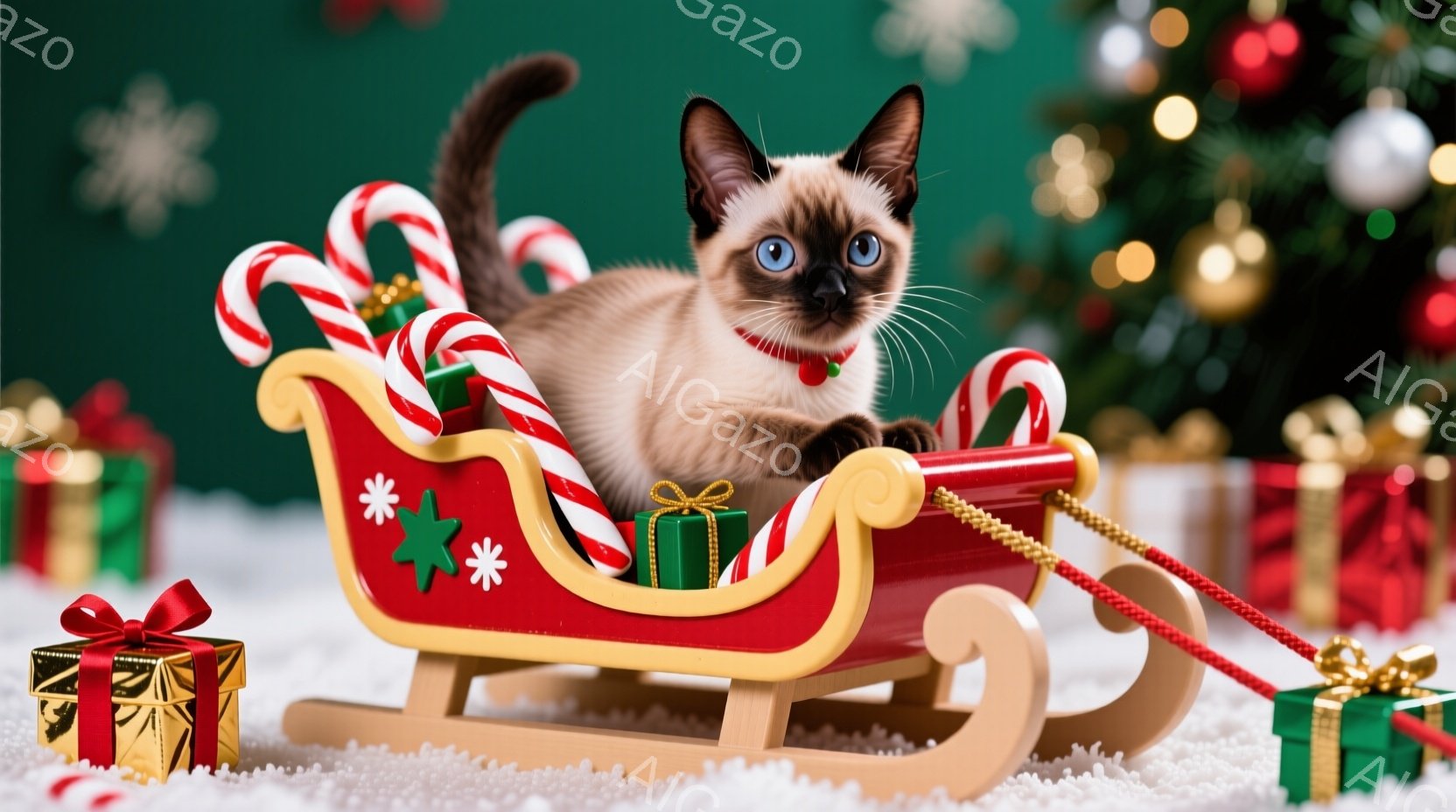 シベリアンハスキーのような毛並みの猫が、赤いそりに横たわってこちらを見ています。猫は赤い首輪をつけており、背景にはクリスマスツリーとプレゼントの箱が散りばめられた雪景色が広がっています。全体的に暖かく - AI生成フリー素材