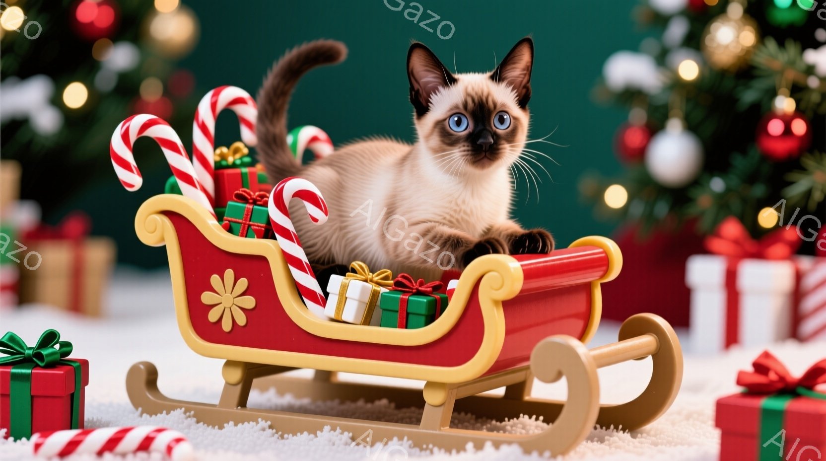 白と茶色のシャム猫が、赤いそりに乗って微笑んでいます。そりには緑と金色のリボンで飾られたプレゼントがいくつか積まれており、周りにはキャンディケーンが立っています。背景にはクリスマスツリーが飾られ、雪が - AI生成フリー素材