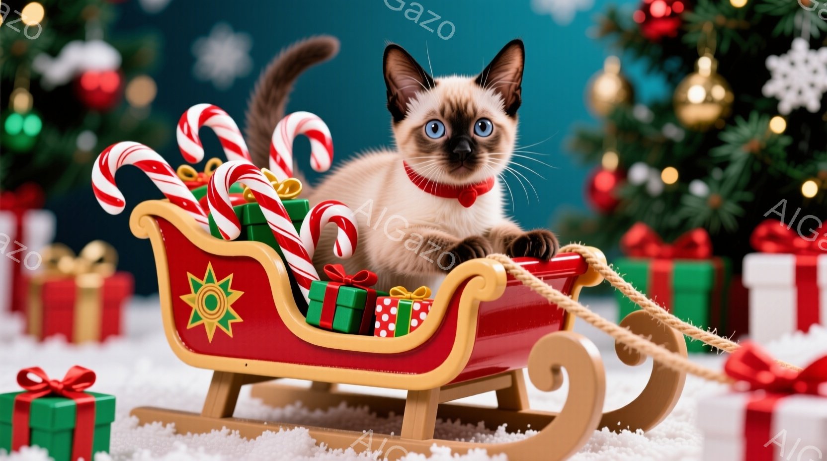 シナモンカラーの子猫が、赤いそりに乗ってこちらを見ています。 そりは緑と赤のプレゼントで満たされ、キャンディケーンが添えられています。 背景にはクリスマスツリーと雪景色が広がり、暖かくお祝いムードに包 - AI生成フリー素材