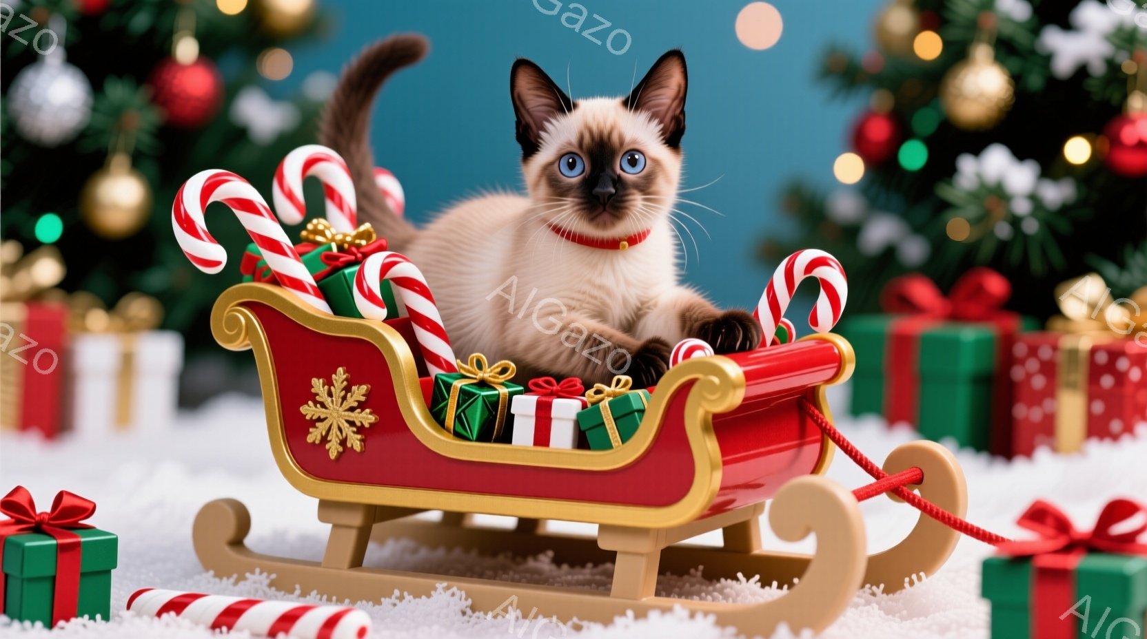 シベリアンハスキーのような毛並みの茶色の猫が、赤いそりに横たわってこちらを見ています。そりには緑のリボンで結ばれたプレゼントがいくつか積まれ、赤いロープで引かれています。背景にはクリスマスツリーやプレ - AI生成フリー素材