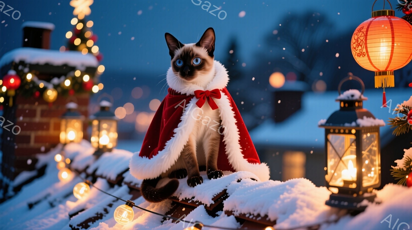 シベリアンハスキーのような毛並みの猫が、赤いファー付きのマントと赤いリボンで華やかに飾られ、雪に覆われた屋根の上で座っています。背景には、点灯したクリスマスライト、ランタン、そして雪の降る夜空が広がり - AI生成フリー素材
