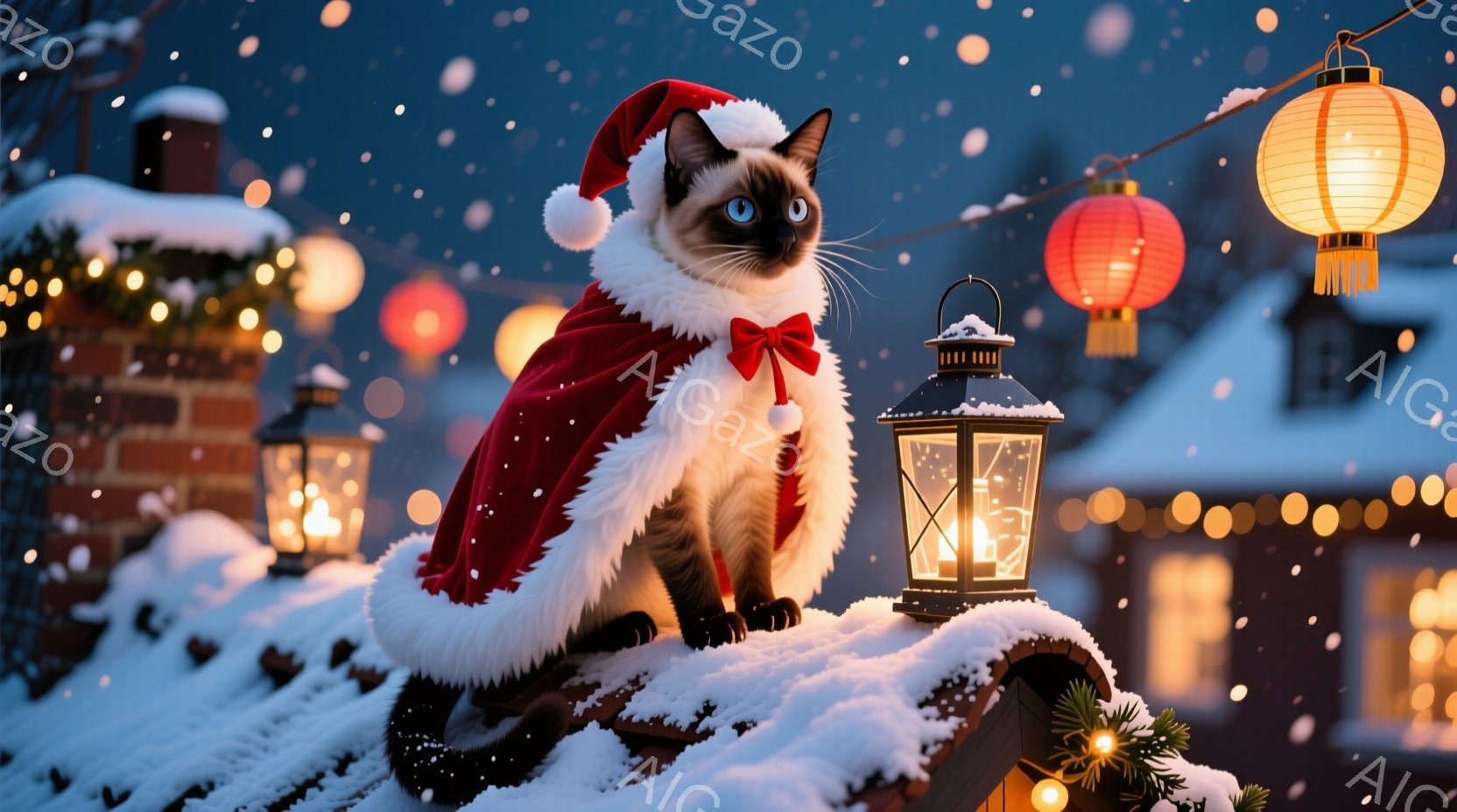 シベリアンハスキーのような毛並みの猫が、クリスマスのサンタの衣装を着て屋根の上に座っています。赤い帽子と白いファーの縁取りが付いたマント、そして赤いリボンが愛らしいアクセントになっています。背景には雪 - AI生成フリー素材