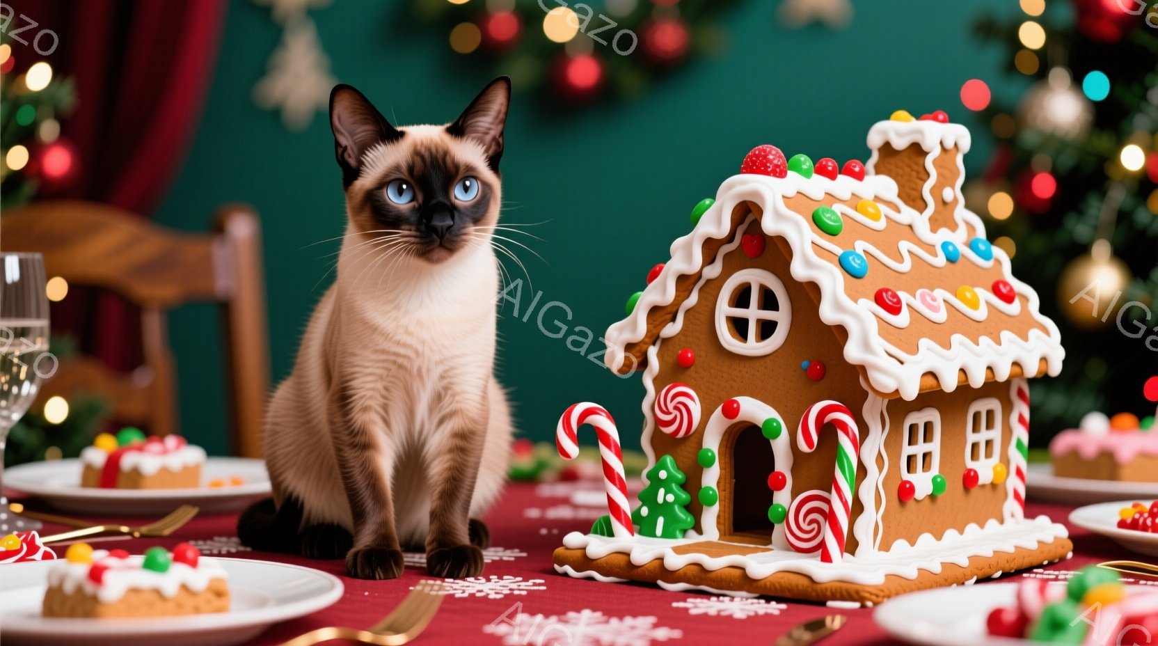 シナモンカラーのシャム猫が、クリスマスをテーマにしたテーブルの上に座っています。テーブルにはジンジャーブレッドハウス、小さなケーキ、食器類が置かれており、背景には緑色のドレープとぼやけたクリスマスツリ - AI生成フリー素材