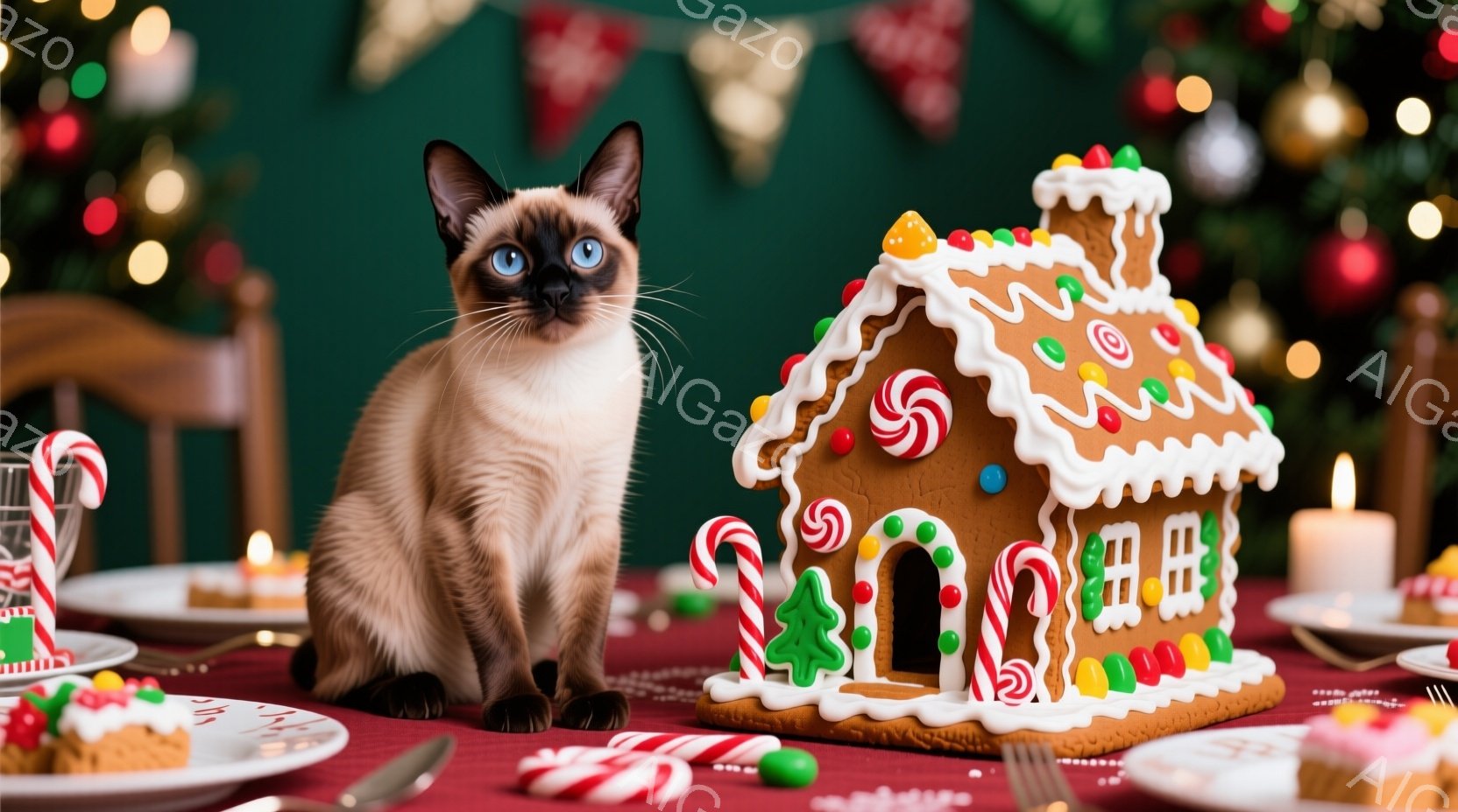 シーラー猫が、赤いテーブルクロスの上に置かれたジンジャーブレッドハウスの前に座っています。背景には、クリスマスツリーやキャンドルなどのクリスマスの装飾があり、暖かく、お祝いの雰囲気が漂っています。猫はリラックスした姿勢で、好奇心旺盛な表情でジンジャーブレッドハウスを見つめています。