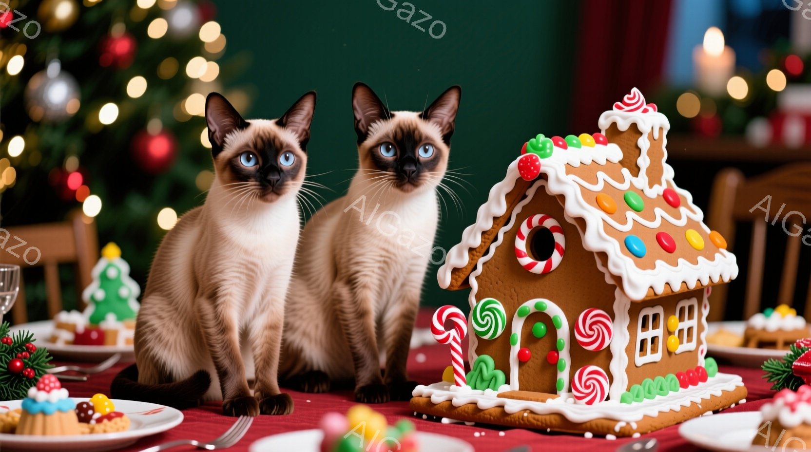 シーマル猫が二匹、テーブルの上に座って正面を見つめており、背景にはクリスマスツリーと装飾がぼんやりと見えます。テーブルの上にはジンジャーブレッドハウスやカップケーキなどのクリスマスの飾りや食べ物が置かれており、温かくお祝いムードに満ちています。猫たちは警戒心と好奇心を交えた表情で、クリスマスの装飾を興味深そうに観察している様子です。