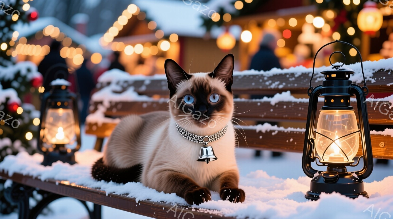 白い雪の上に、美しいシャム猫がベンチに横たわっています。猫は首輪をつけており、青い瞳が印象的です。背景にはぼんやりとクリスマスマーケットのような賑わいと、輝くイルミネーションが見え、暖かく幻想的な雰囲 - AI生成フリー素材