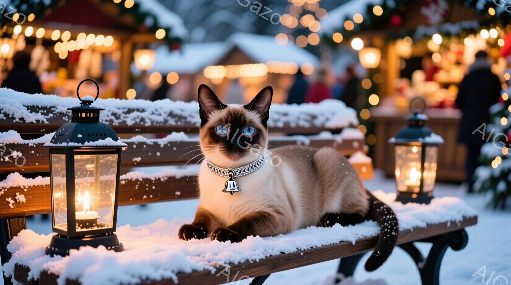 シーマル猫が雪の積もった木のベンチに横たわっています。首輪には小さなベルが付いており、青い瞳が印象的です。背景には、明かりの灯る建物や木々が見え、クリスマスのような幻想的な雰囲気が漂っています。
