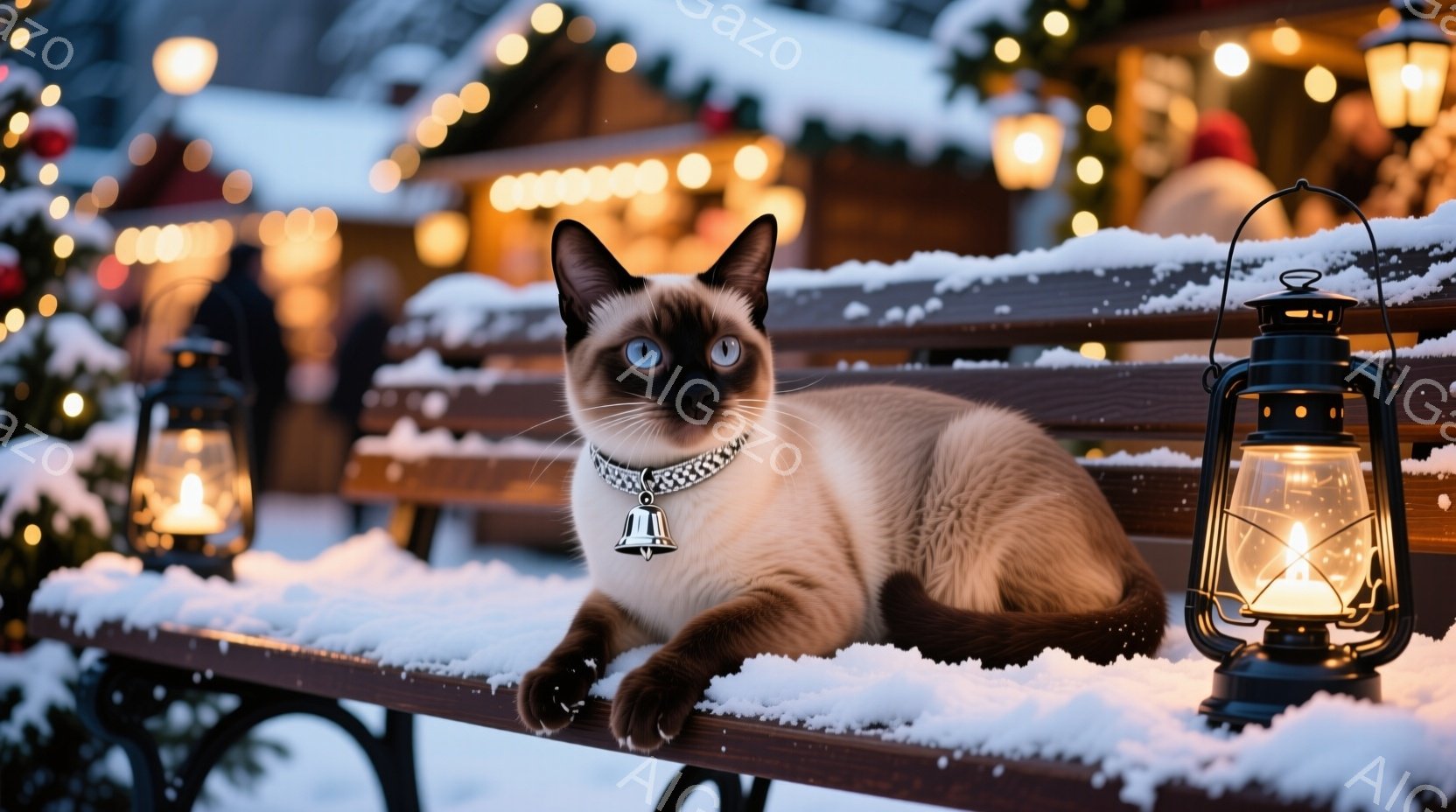 シーマ猫が雪で覆われた木製のベンチに横たわっています。首輪には小さなベルが付いており、周囲には点灯したランタンとぼんやりとした背景の建物が見えます。雪が降っており、ランタンの暖かい光が猫を照らし、冬の暖かい雰囲気を醸し出しています。