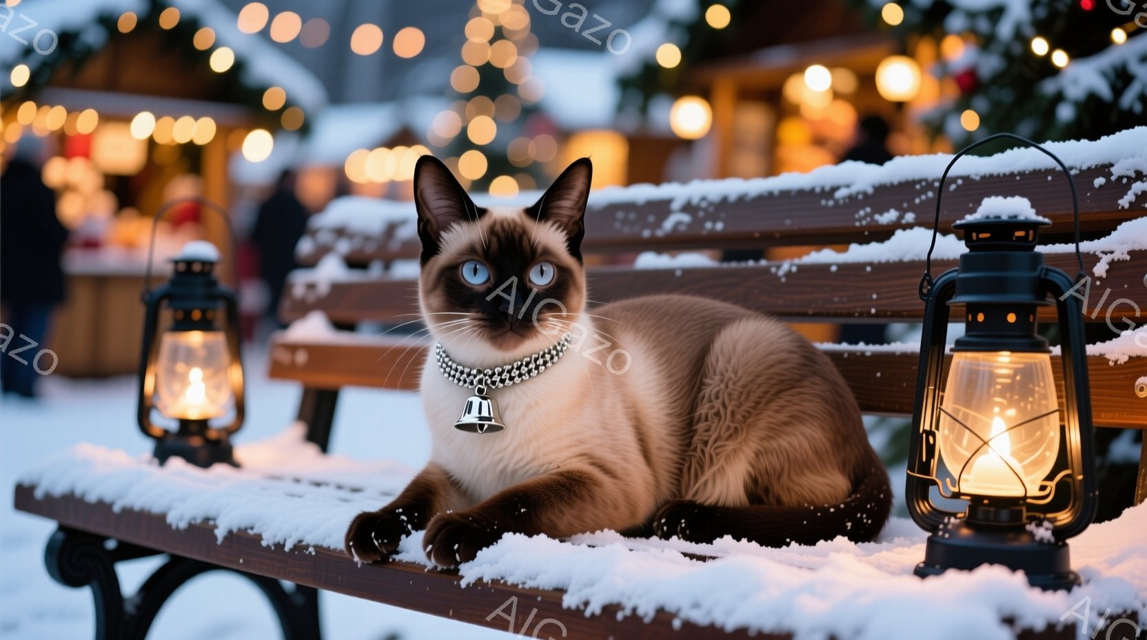 シベリアンブルーのポイントを持つ美しいシャム猫が、雪で覆われた木製のベンチに座っています。首輪には小さなベルが付いており、リラックスした表情でカメラを見つめています。背景には、ぼやけたクリスマスマーケ - AI生成フリー素材