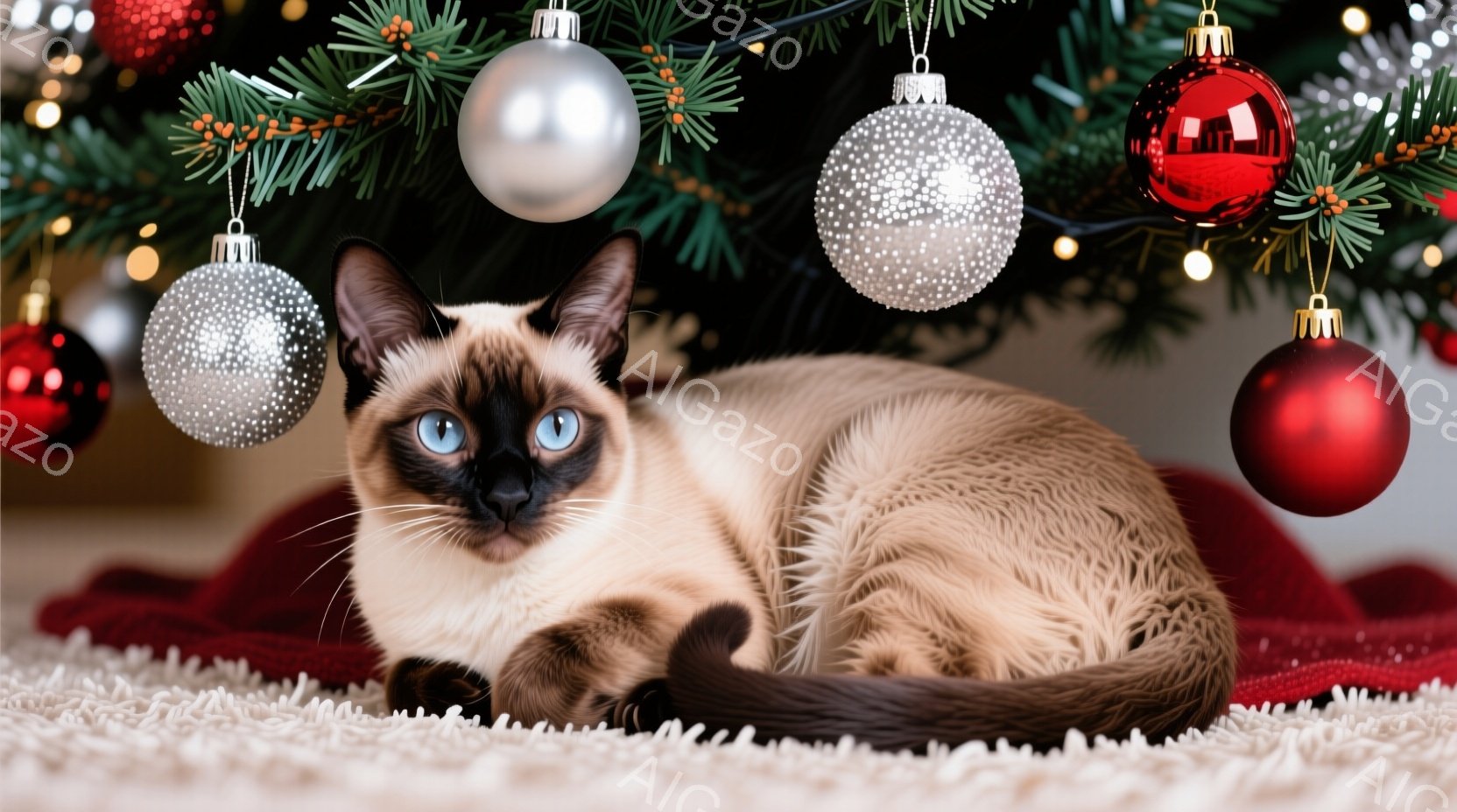 シーモ系猫が真っ白なカーペットの上に横たわっており、背景にはクリスマスツリーが飾られています。猫は明るい青い目をしており、リラックスした表情で、茶色と白の毛並みが特徴的です。赤いクリスマスオーナメント - AI生成フリー素材